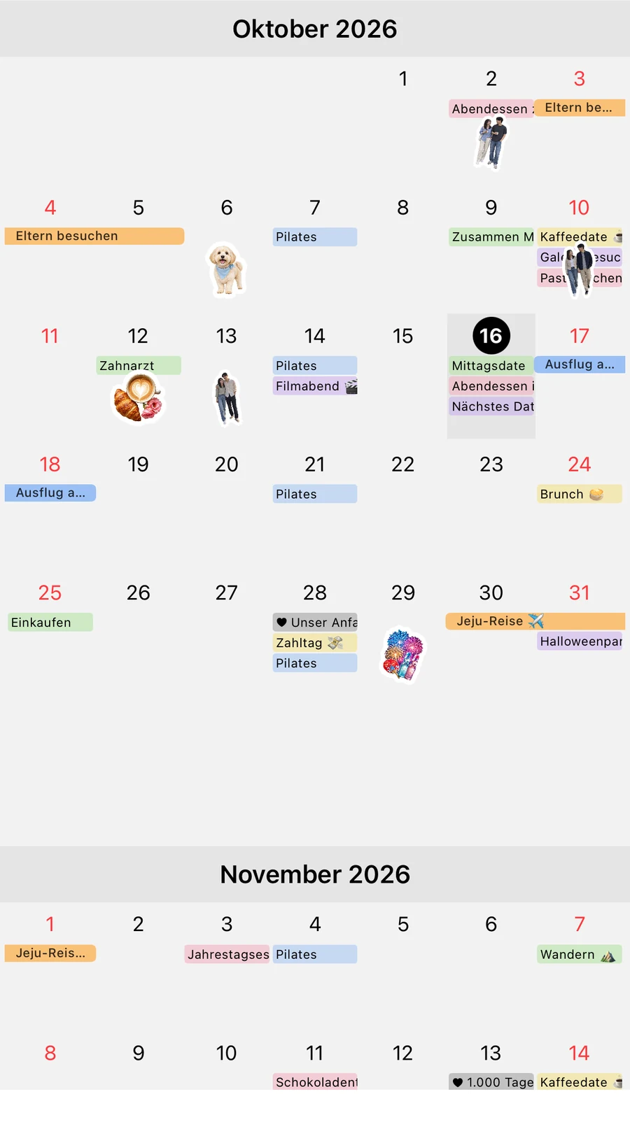 Monatsansicht Oktober und November 2026 mit ausgeschaltetem Zyklusmodus