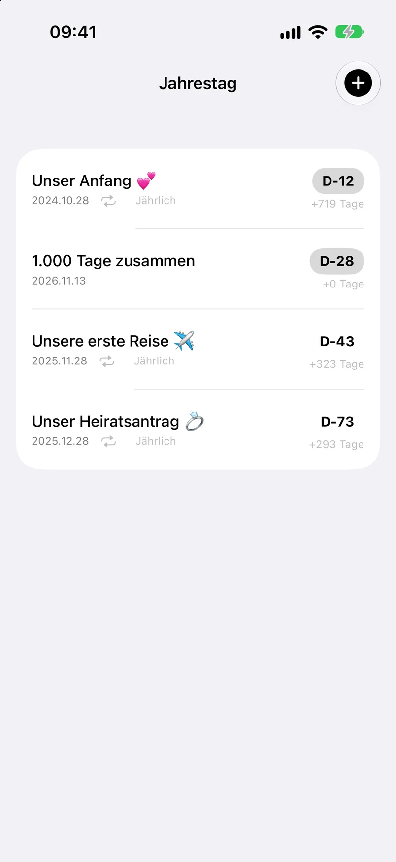 Jahrestagsliste: D-12, D-28, D-43, D-73