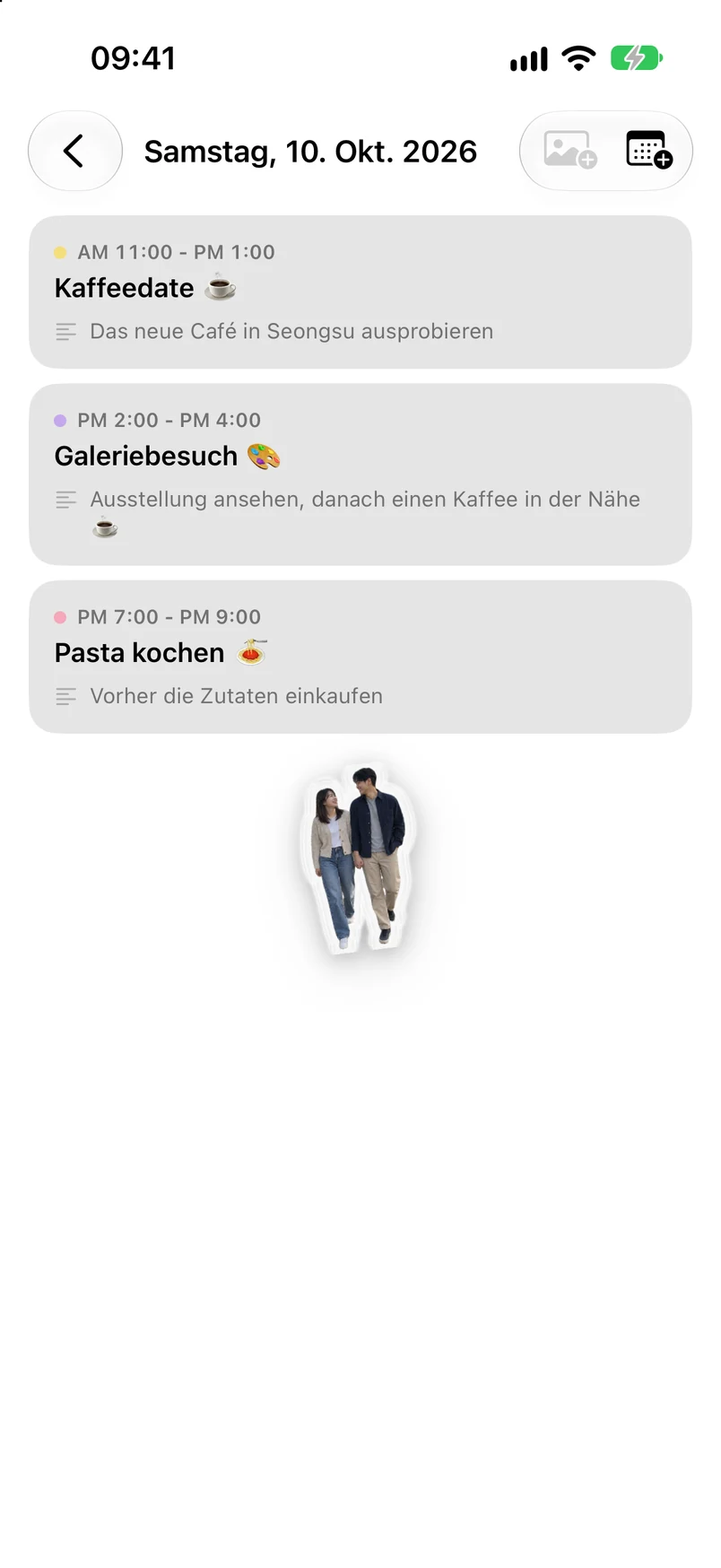 Tagesdetails vom 10. Oktober: Café-Tour, Ausstellungsdate, Pastakochen und Fotosticker des Paares
