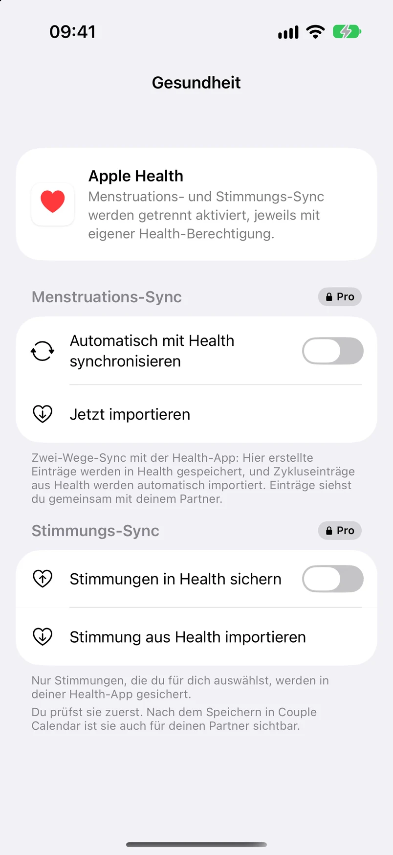 Health-Einstellungen: Synchronisierung von Periode und Stimmung (Pro)