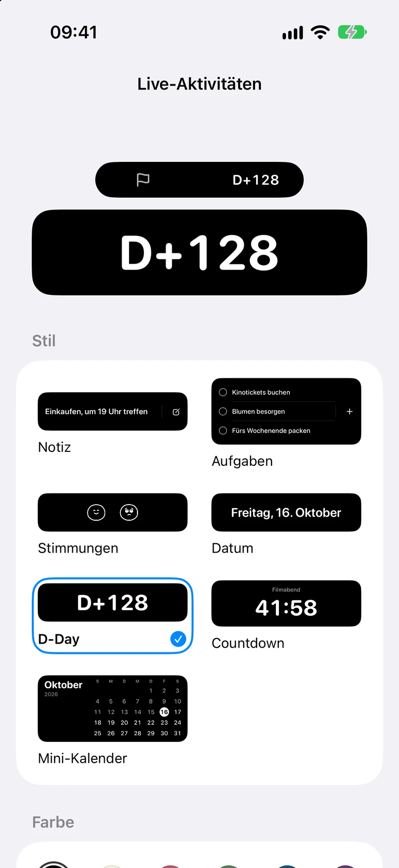 Einstellungen für Live-Aktivitäten: Stilauswahl