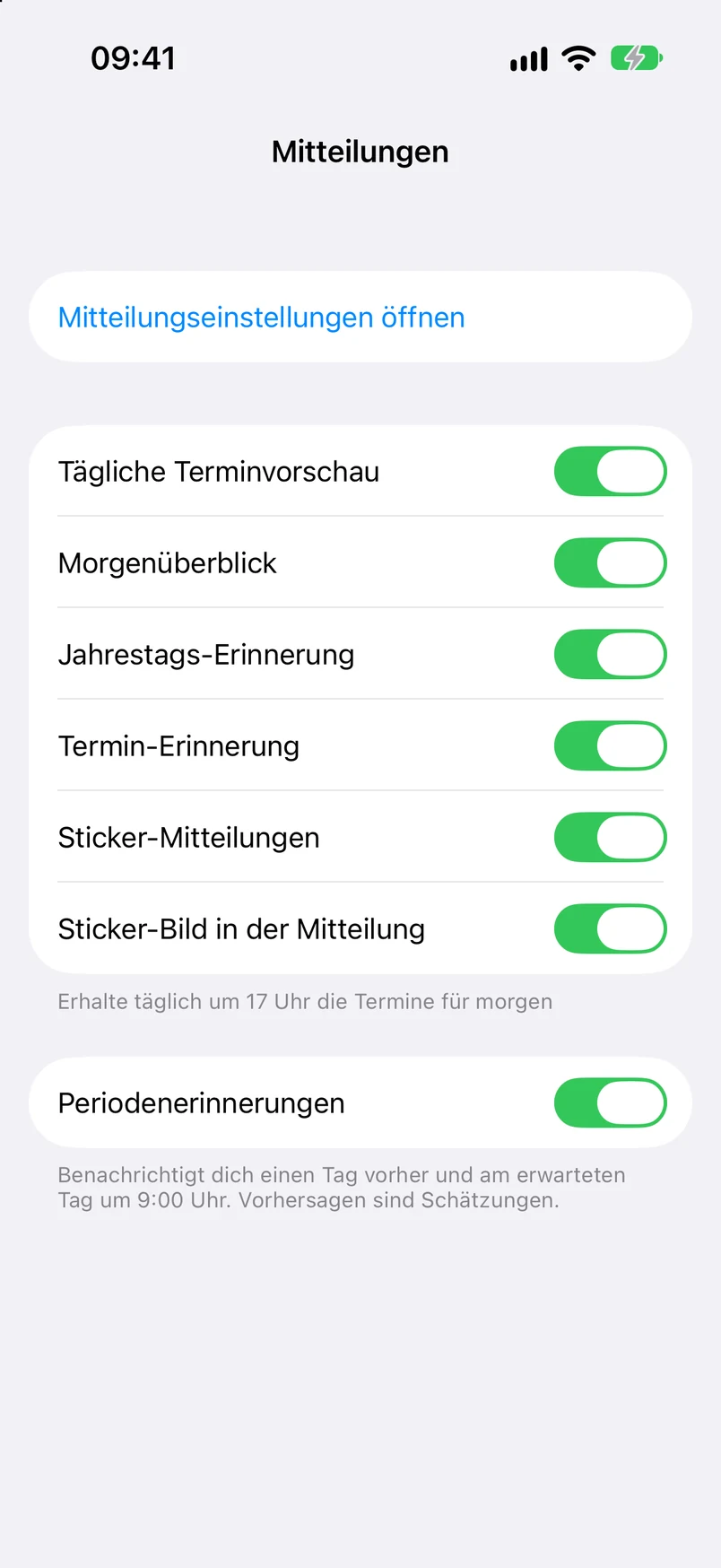 Mitteilungseinstellungen: tägliche Terminübersicht, Morgenübersicht, Jahrestagserinnerungen, Terminbeginn, Sticker und Periode