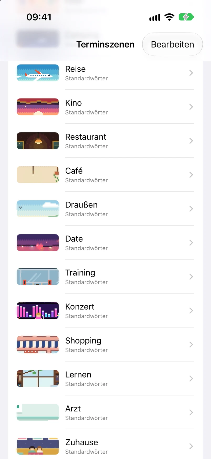 Liste der Terminszenen: Feier, Camping, Reise, Kino, Restaurant, Café und Spaziergang