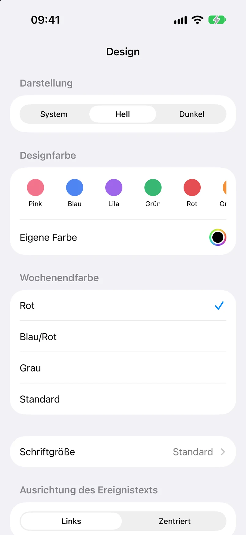 Darstellungseinstellungen: System, hell und dunkel; Themenfarbe, eigene Farben und Wochenendfarben