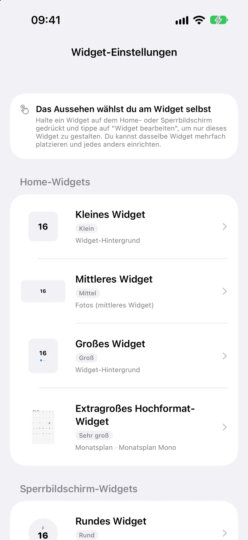 Widget-Einstellungen: Arten für Home- und Sperrbildschirm