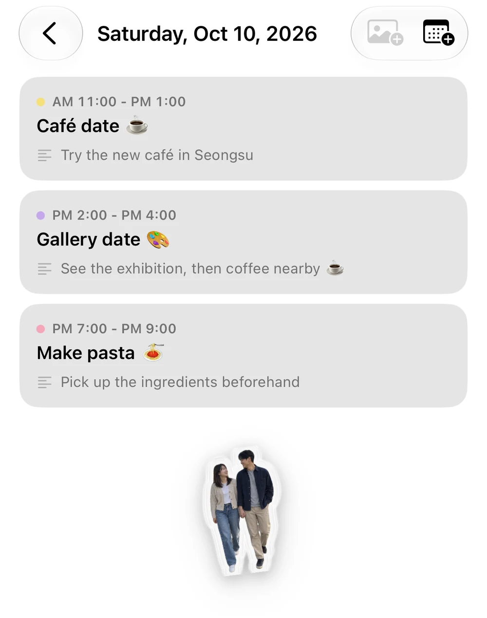 October 10 day details: café hopping, an exhibition date, and making pasta, with event notes and photo stickers of the couple underneath