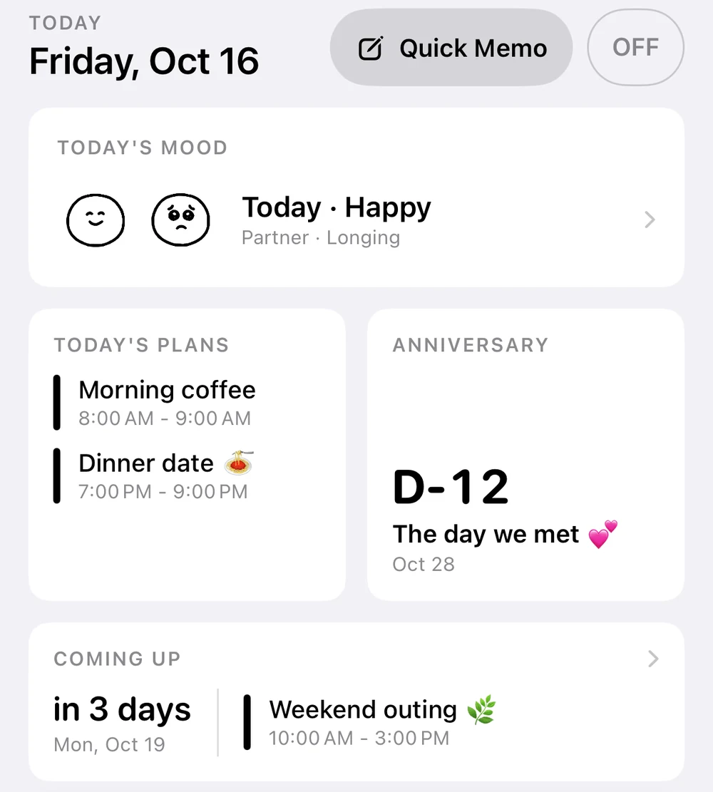 Home screen: Friday, October 16; morning coffee and an evening date today; D-12 until the day we first met; a weekend outing in 3 days