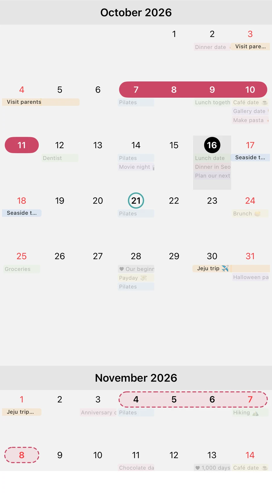 The same month view with menstrual cycle mode on: October 7–11 recorded, estimated ovulation date October 21, and dotted estimates for November 4–8