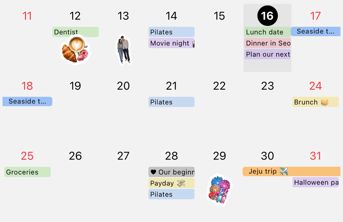 Close-up of October 11–31: a dentist appointment, Pilates, a movie, bars for trips to Gangneung and Jeju, and photo stickers