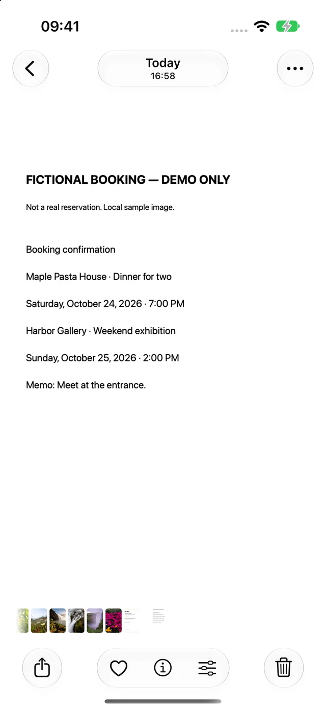 A booking confirmation document open in Photos, with the share button visible