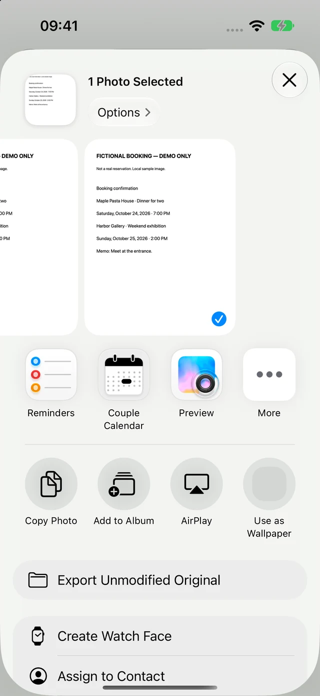 The iOS share sheet with Couple Calendar in the app list
