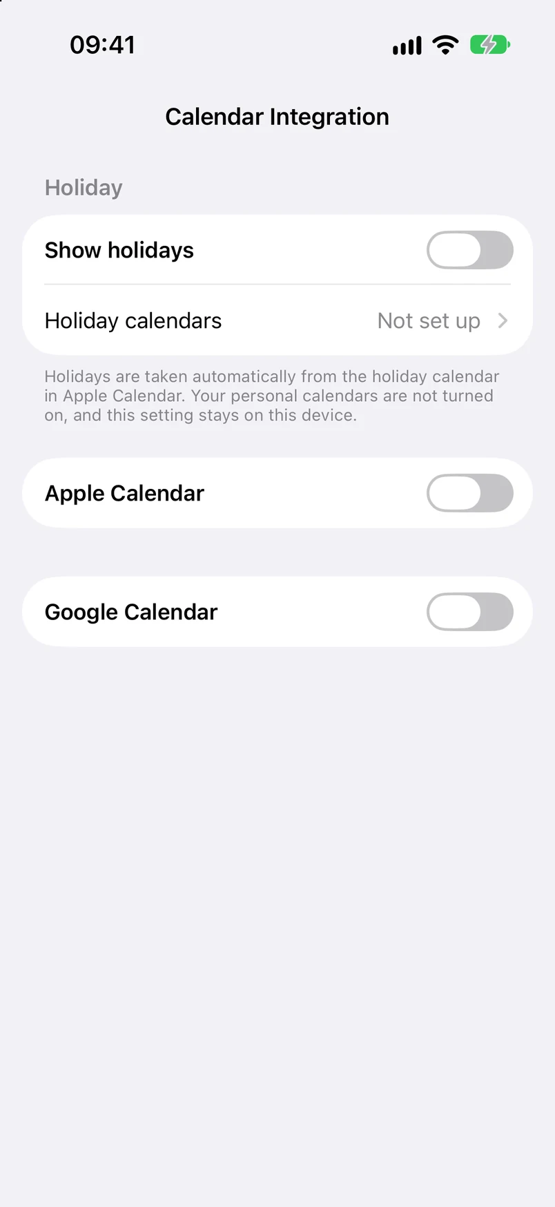 Calendar connections: show public holidays, Apple Calendar, and Google Calendar