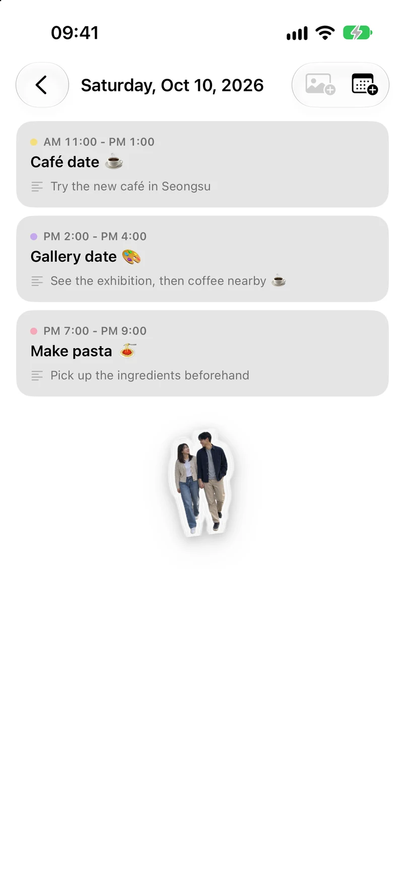 October 10 day details: café hopping, an exhibition date, making pasta, and photo stickers of the couple