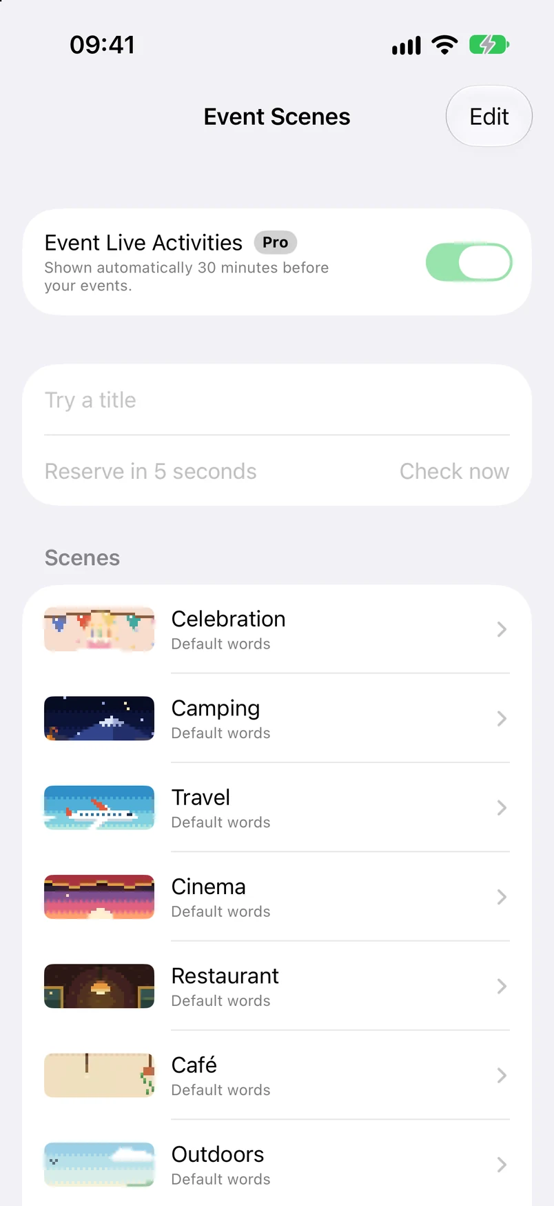 Event scene list: celebration, camping, travel, cinema, restaurant, café, and walk