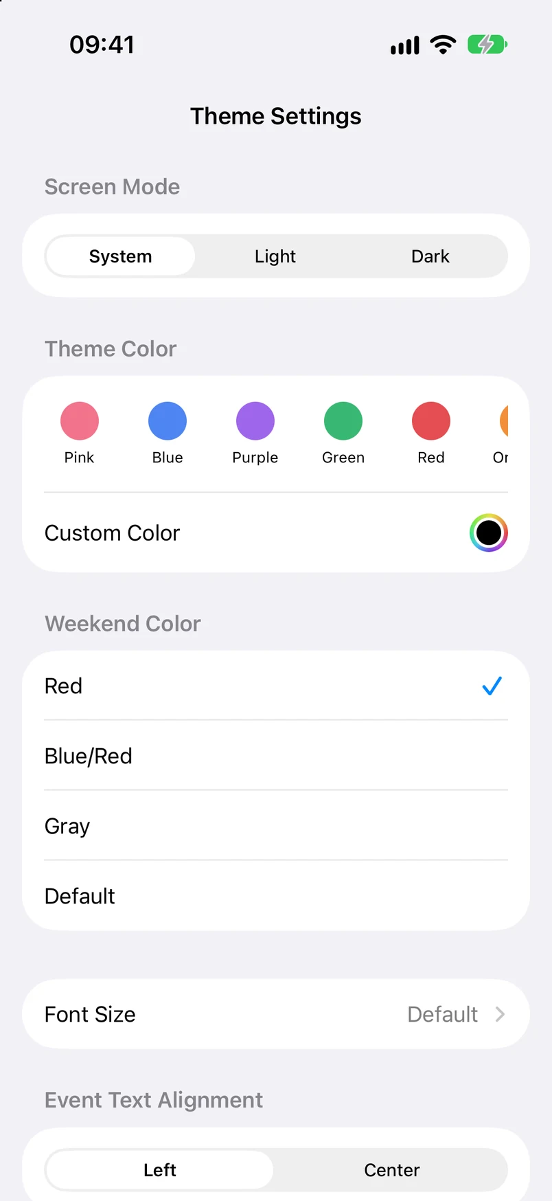 Theme settings: System, Light, Dark, theme color, custom colors, and weekend colors