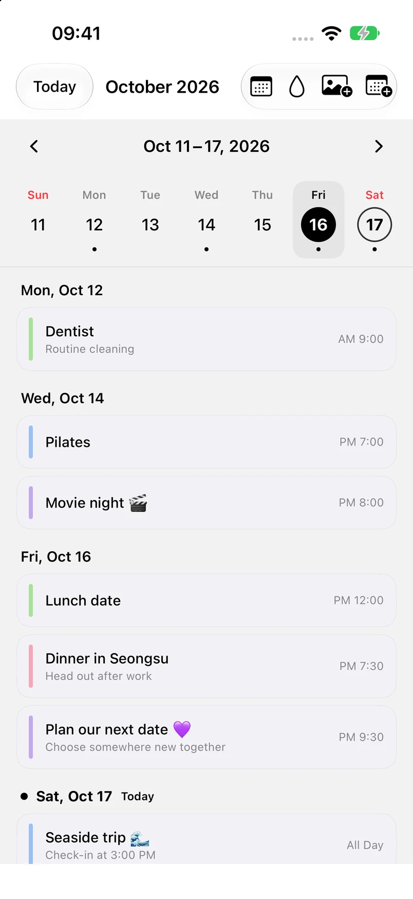 Week view: October 11–17, with Friday the 16th selected