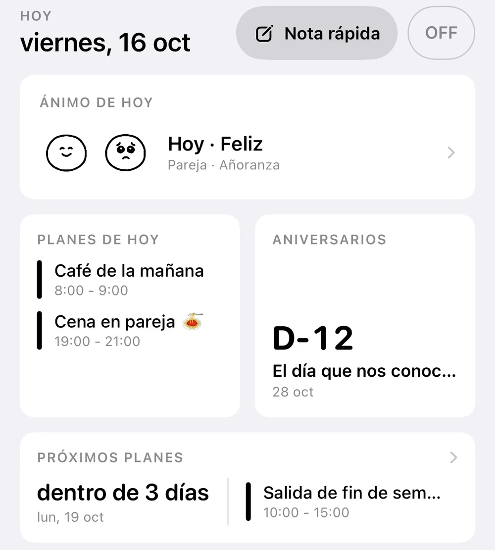 Inicio: viernes 16 de octubre, café por la mañana y cita por la noche, aniversario D-12 del día en que se conocieron y salida de fin de semana dentro de 3 días