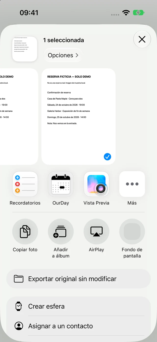 Menú para compartir de iOS con OurDay en la lista de apps