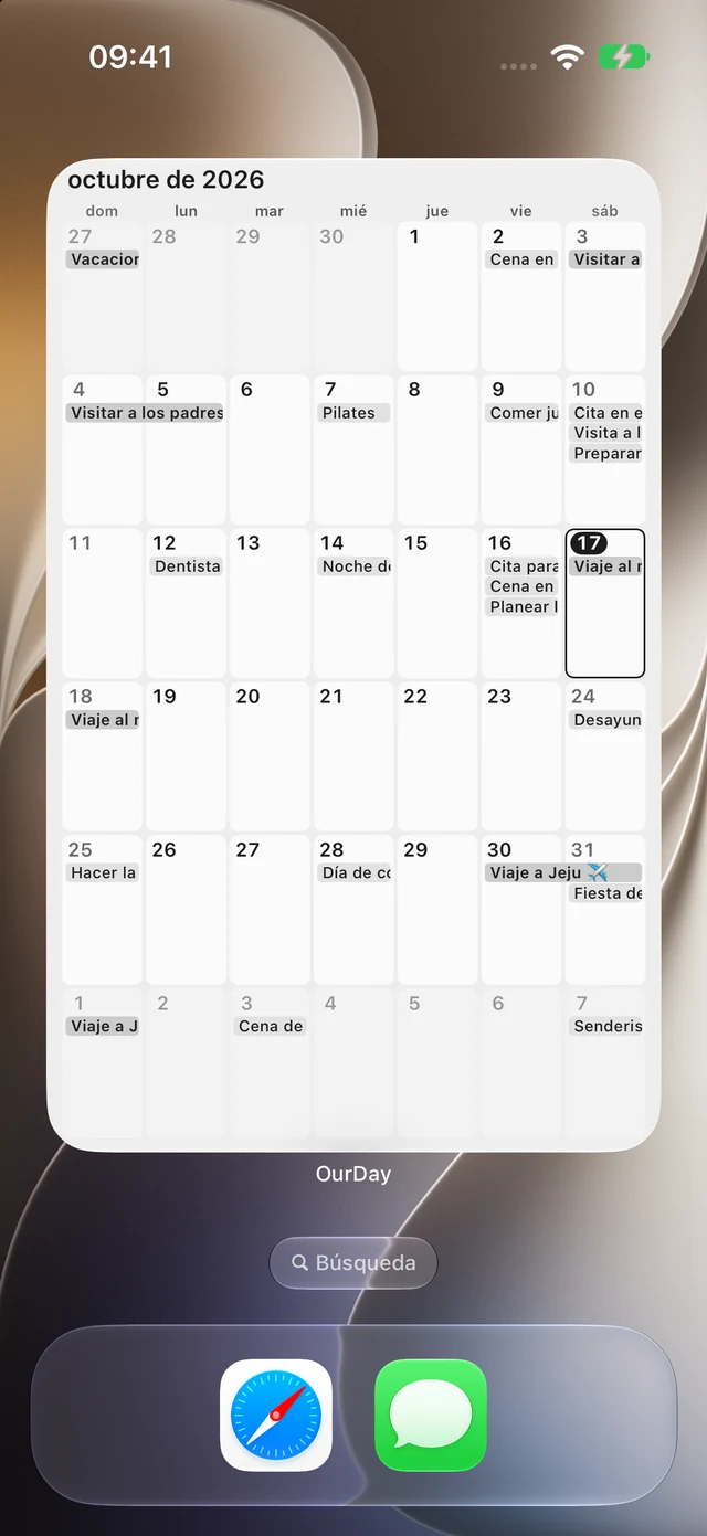 Widget mensual mono añadido a la pantalla de inicio del iPhone: octubre de 2026, con 6 semanas de eventos del 27 de septiembre al 7 de noviembre