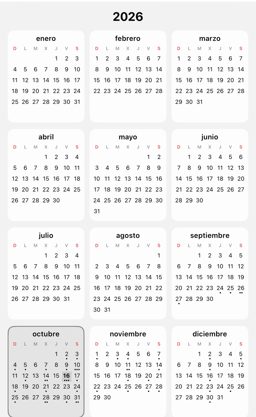 Vista anual de 2026 con octubre resaltado