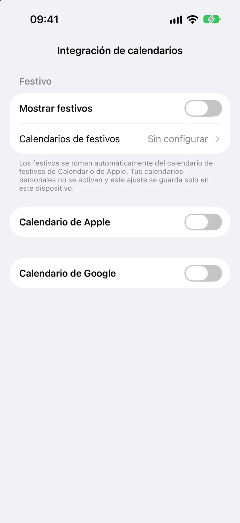 Integración de calendarios: mostrar festivos, Calendario de Apple y Calendario de Google