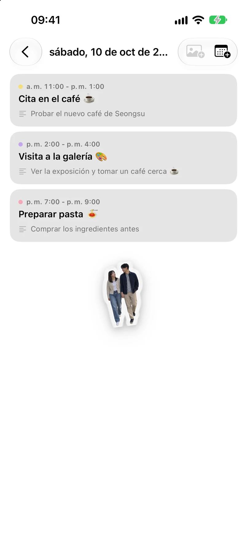 Detalle del 10 de octubre: ruta de cafés, cita en una exposición, preparar pasta y un sticker de la pareja