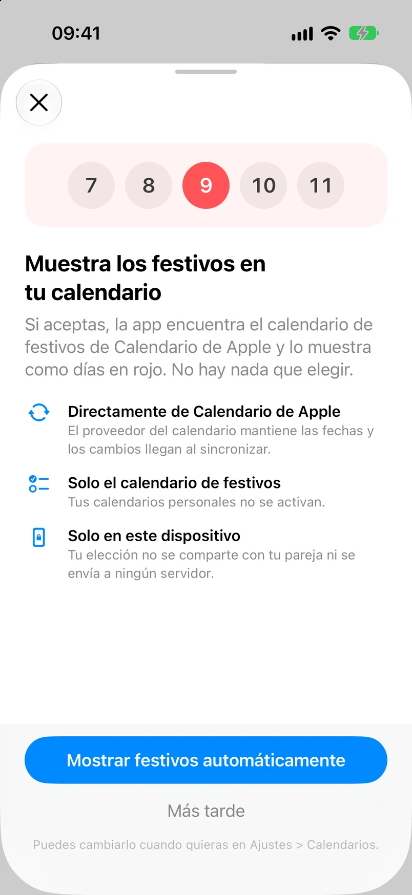 Panel informativo para mostrar los festivos en el calendario