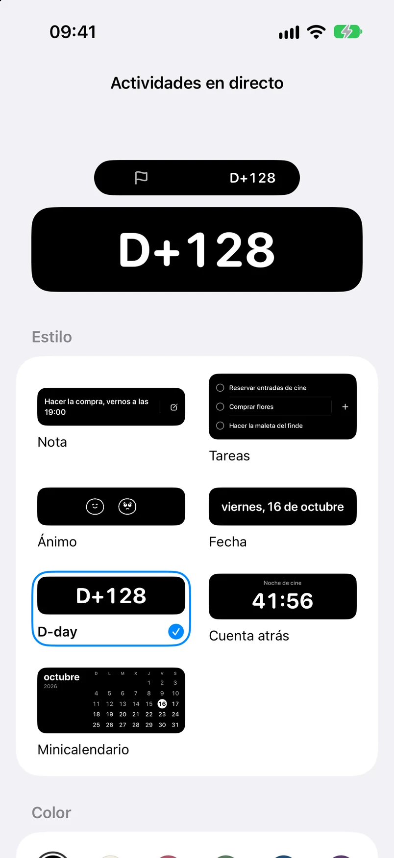 Ajustes de actividades en directo: selección de estilo