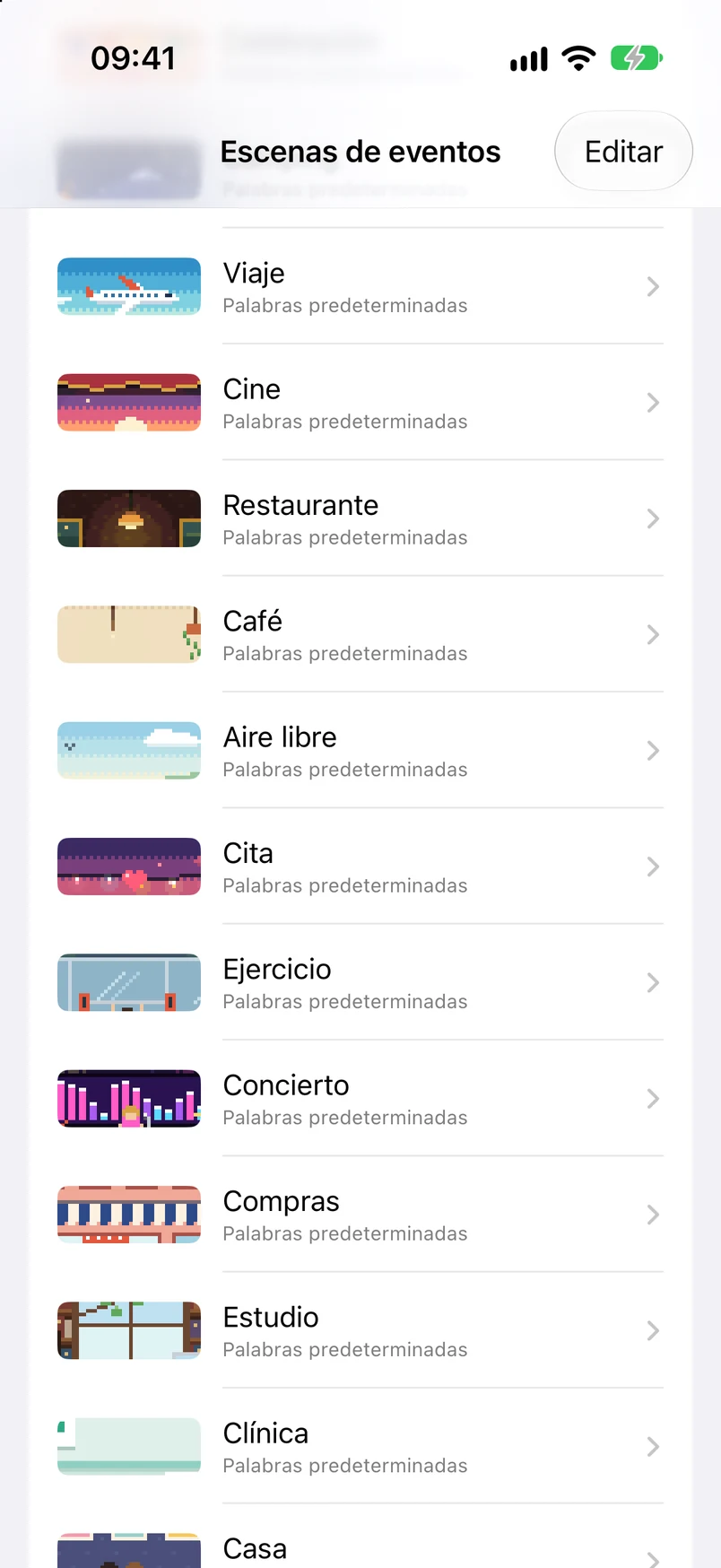 Lista de escenas de eventos: celebración, camping, viaje, cine, restaurante, café y paseo