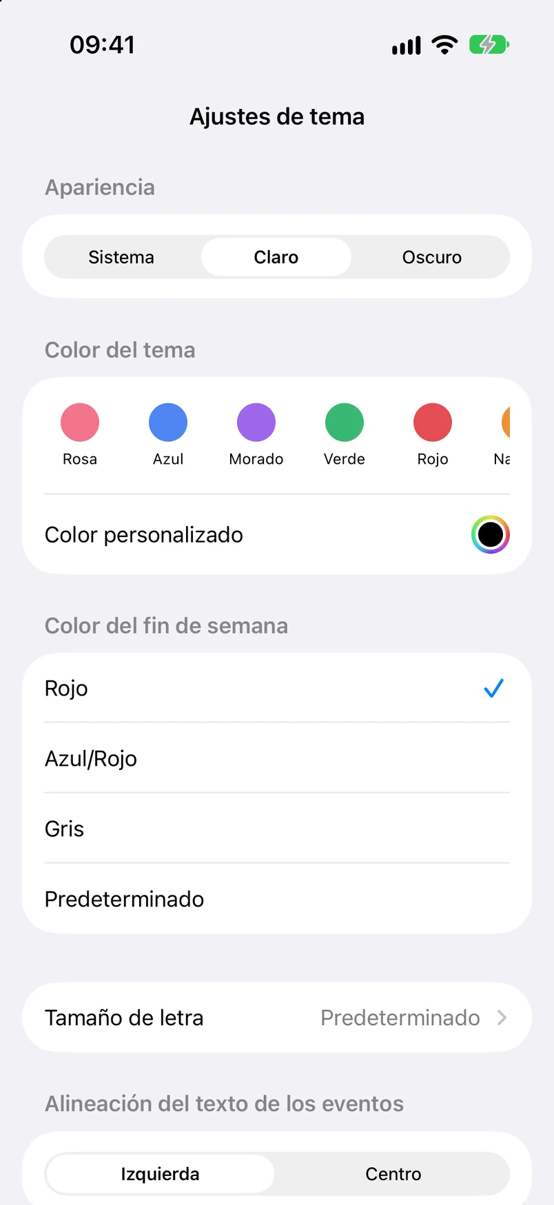 Ajustes de tema: sistema, claro y oscuro; color del tema, colores personalizados y colores del fin de semana