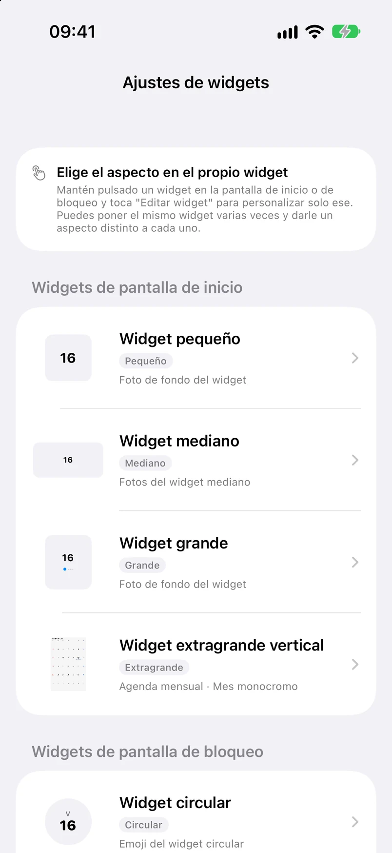 Ajustes de widgets: tipos de widgets de inicio y de bloqueo