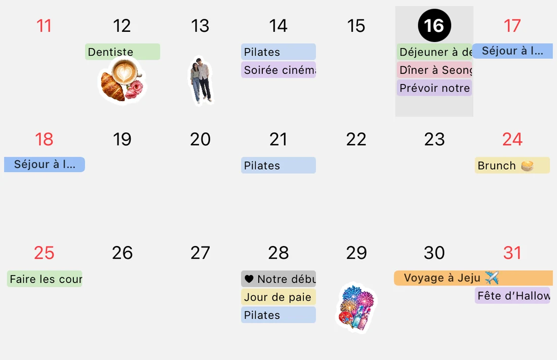 Agrandissement du 11 au 31 octobre : dentiste, Pilates, cinéma, barres des voyages à Gangneung et Jeju, et autocollants photo