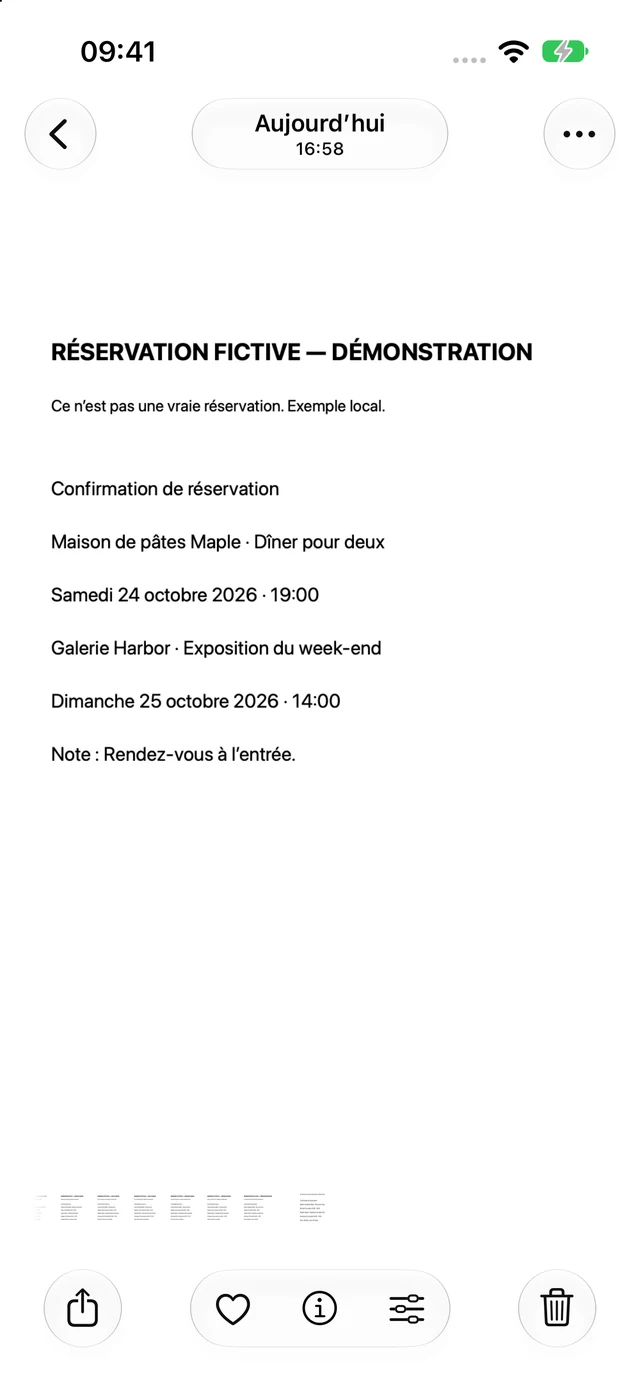 Document de confirmation de réservation ouvert dans Photos, avec le bouton de partage visible