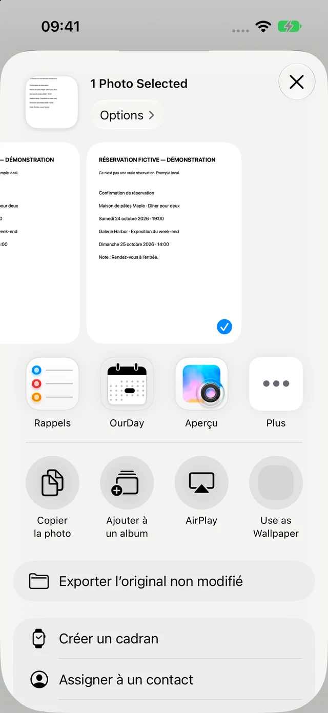 Menu de partage iOS avec OurDay dans la liste des apps