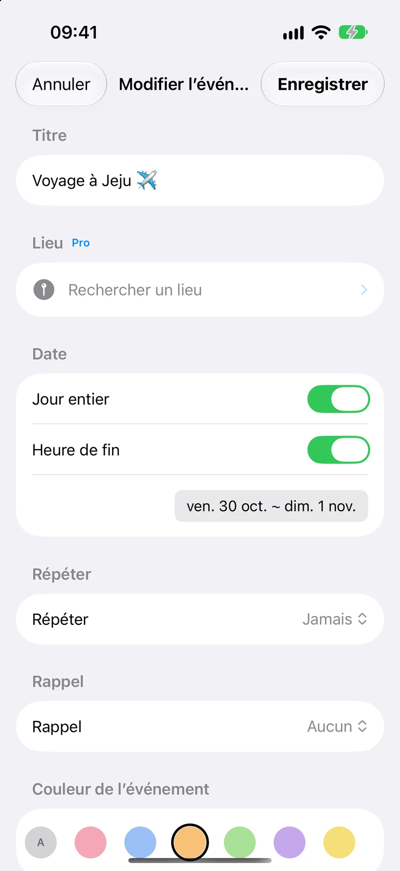 Modification d’un événement : voyage à Jeju, journée entière, du 30 octobre au 1er novembre