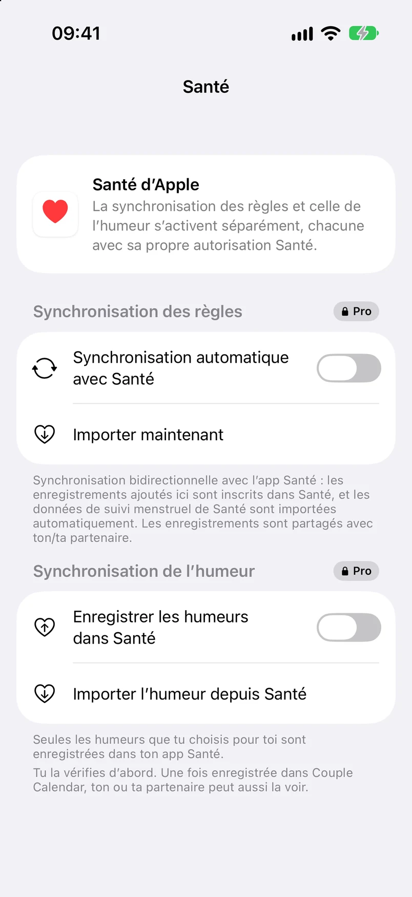 Réglages de Santé : synchronisation des règles et de l’humeur (Pro)
