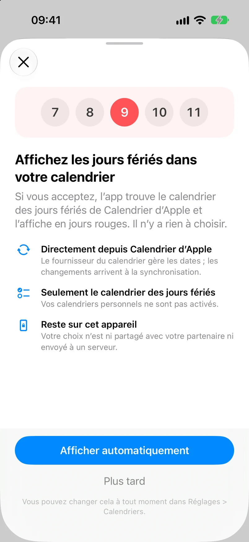 Panneau d’information pour afficher les jours fériés dans le calendrier