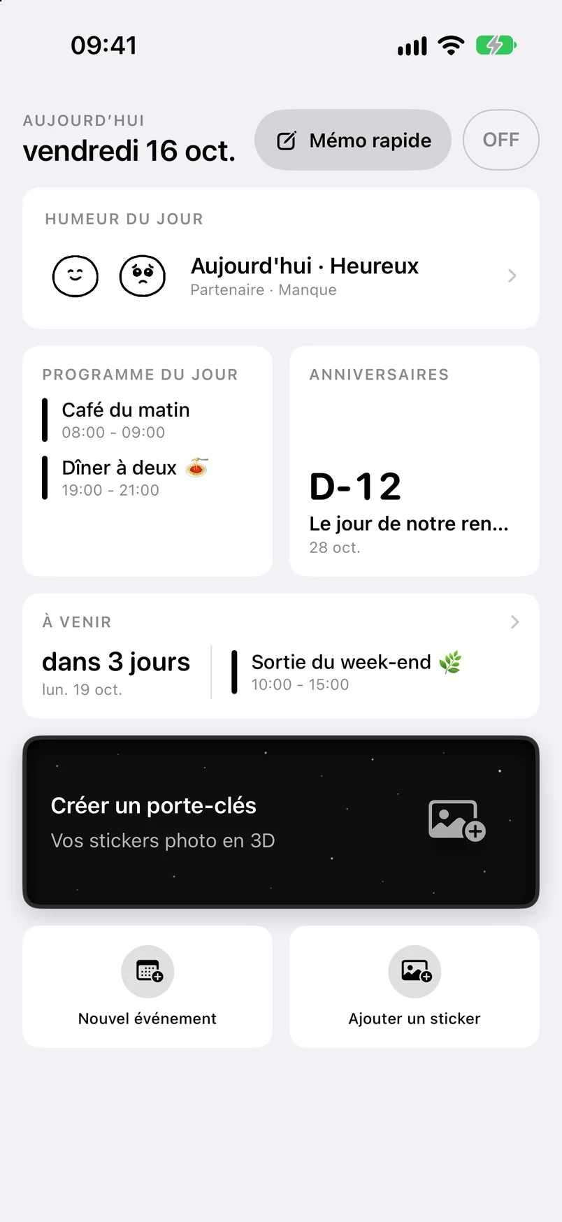 Accueil : événements du jour, anniversaire D-12 et événements à venir