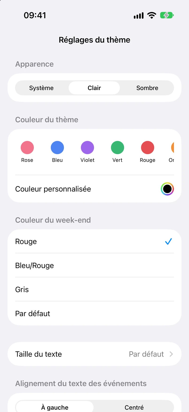 Réglages du thème : système, clair et sombre ; couleur du thème, couleurs personnalisées et couleurs du week-end