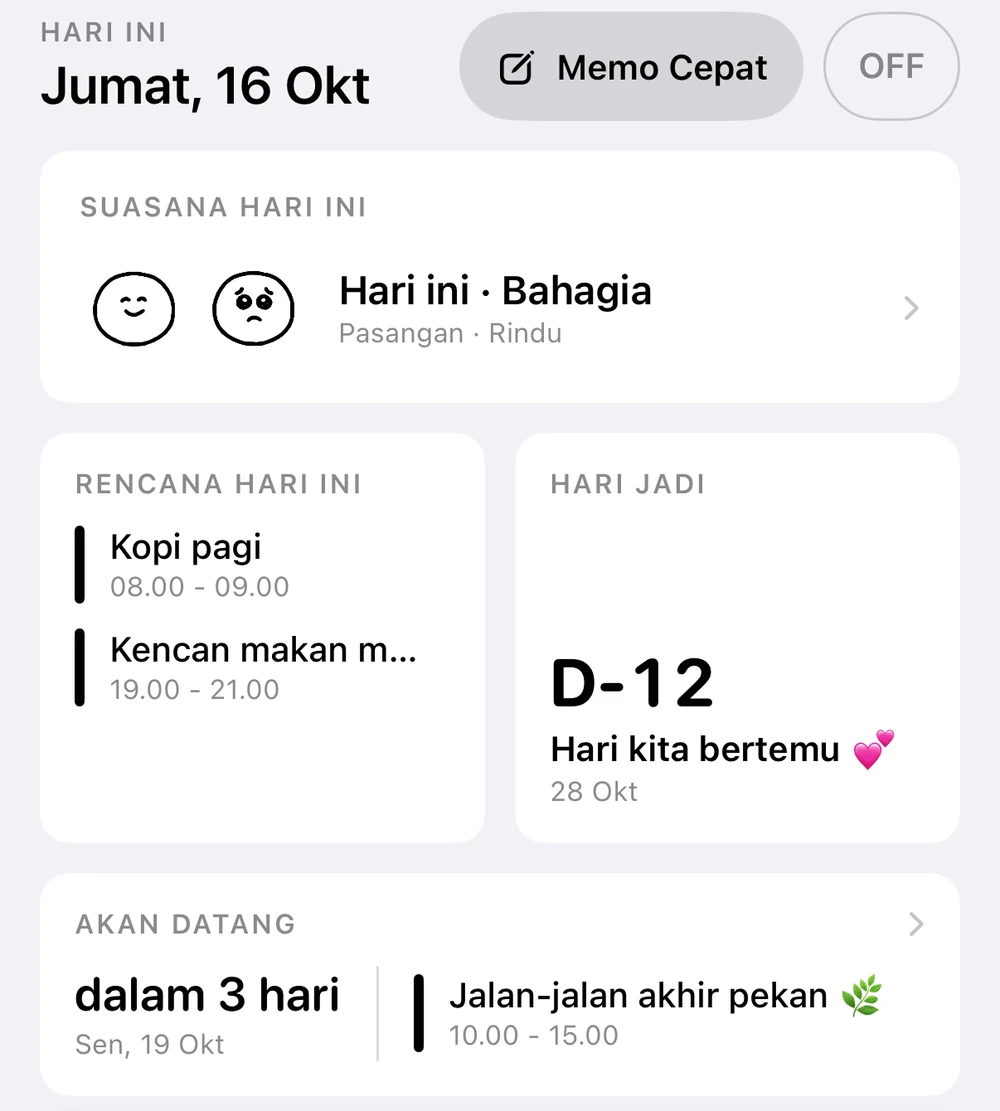 Beranda: Jumat, 16 Oktober; jadwal hari ini kopi pagi dan kencan malam; D-12 menuju hari pertama bertemu; jalan-jalan akhir pekan dalam 3 hari