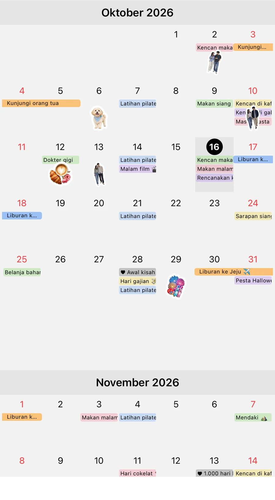Tampilan bulanan Oktober–November 2026 dengan mode siklus menstruasi nonaktif