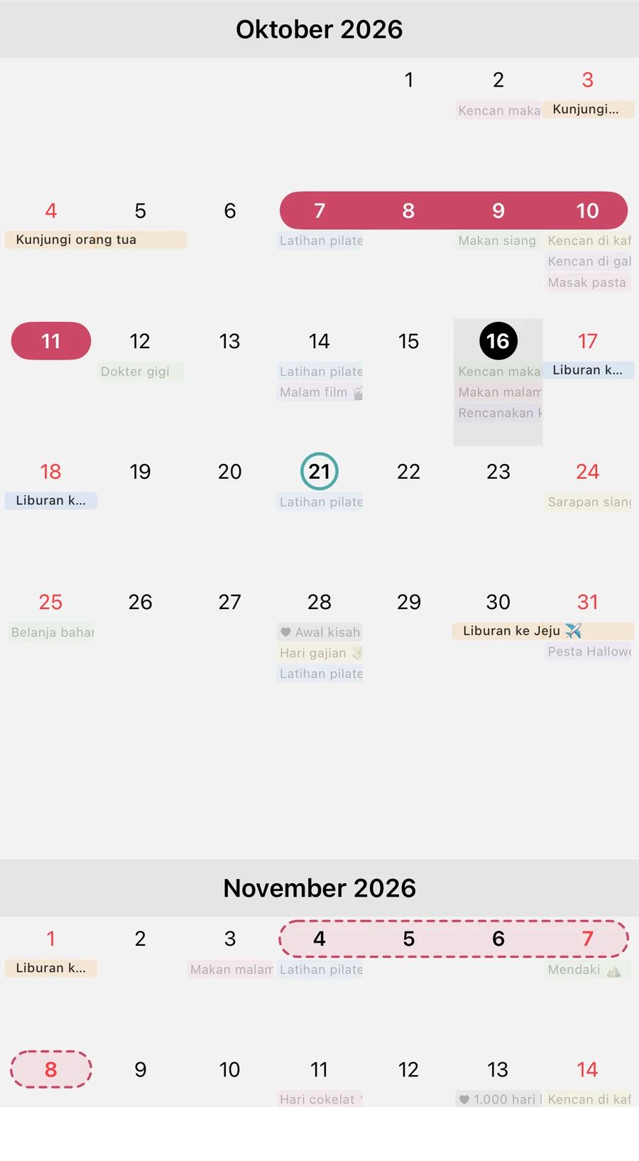 Tampilan bulanan yang sama dengan mode siklus menstruasi aktif: catatan 7–11 Oktober, ovulasi 21 Oktober, dan garis putus-putus untuk perkiraan menstruasi 4–8 November