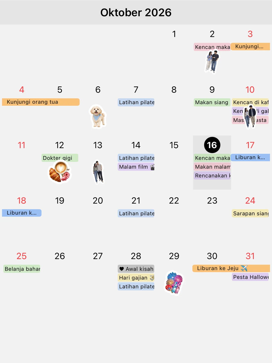 Tampilan Oktober 2026: bilah jadwal dengan warna berbeda dan stiker foto pasangan pada hari-hari yang telah lewat