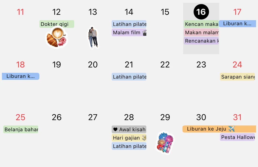 Perbesaran 11–31 Oktober: janji dokter gigi, Pilates, menonton film, bilah perjalanan ke Gangneung, bilah perjalanan ke Jeju, dan stiker foto