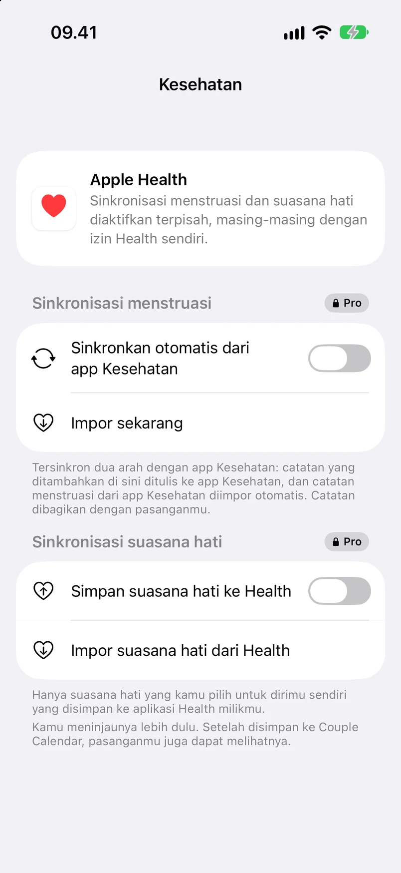 Pengaturan Kesehatan: sinkronisasi menstruasi dan suasana hati (Pro)