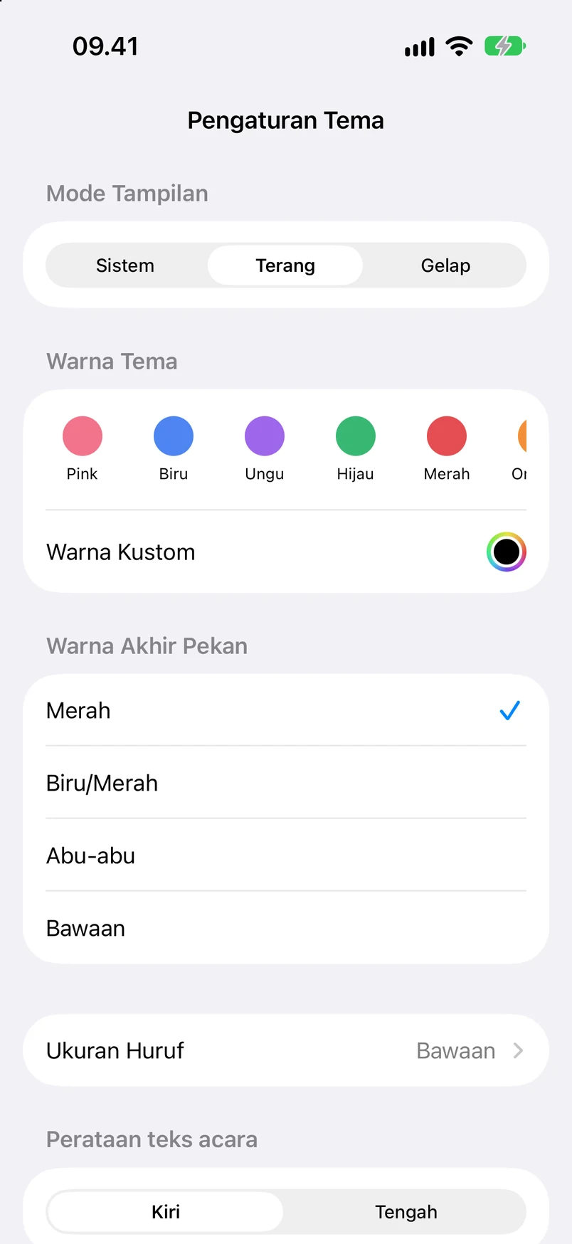 Pengaturan tema: sistem · terang · gelap, warna tema, warna khusus, dan warna akhir pekan