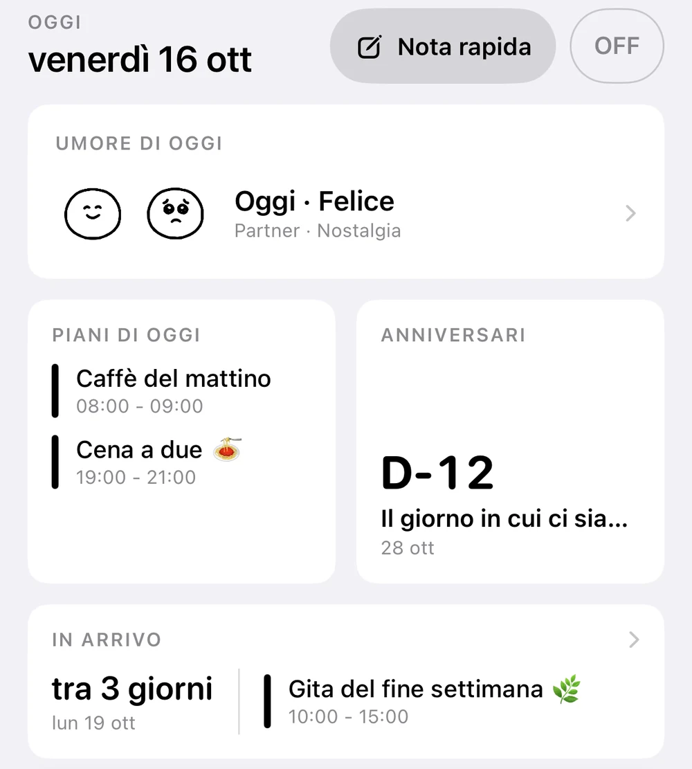 Home: venerdì 16 ottobre, caffè al mattino e appuntamento serale, anniversario D-12 del primo incontro e gita nel fine settimana tra 3 giorni