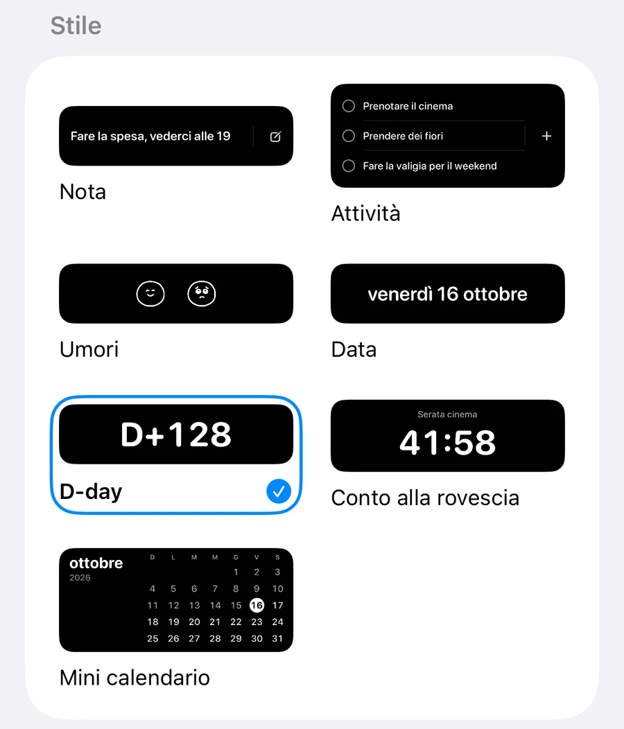 Selezione dello stile delle attività in tempo reale nell’app: nota, attività, data, conteggio dei giorni (selezionato), conto alla rovescia e mini calendario