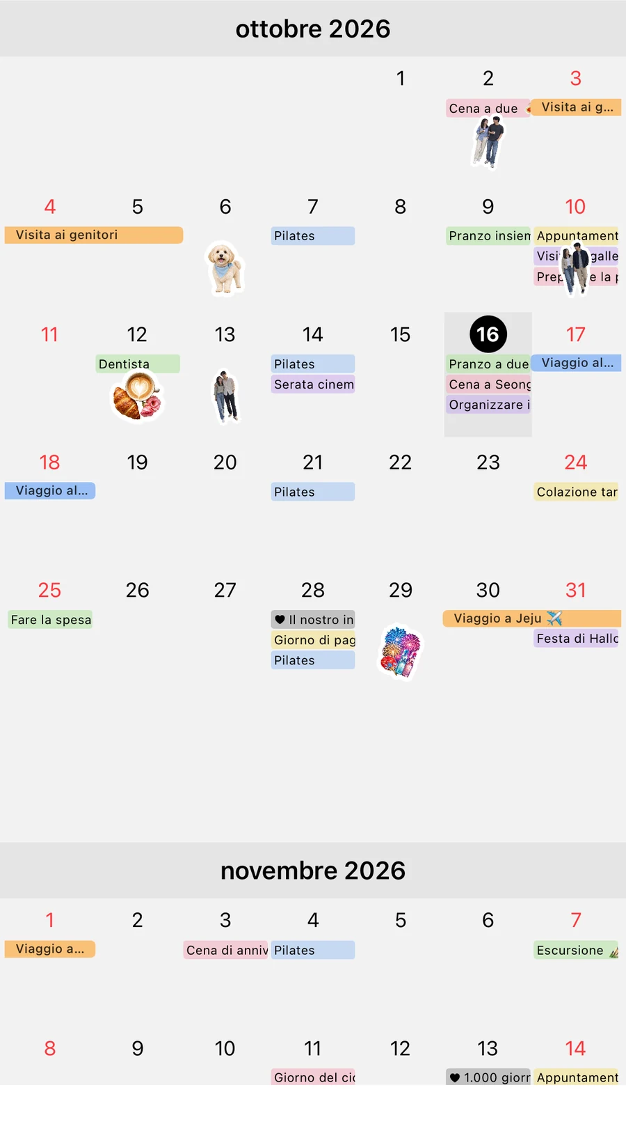 Vista mensile di ottobre e novembre 2026 con la modalità ciclo mestruale disattivata