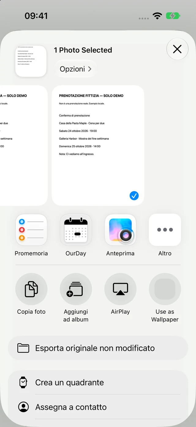 Menu di condivisione di iOS con OurDay nell’elenco delle app